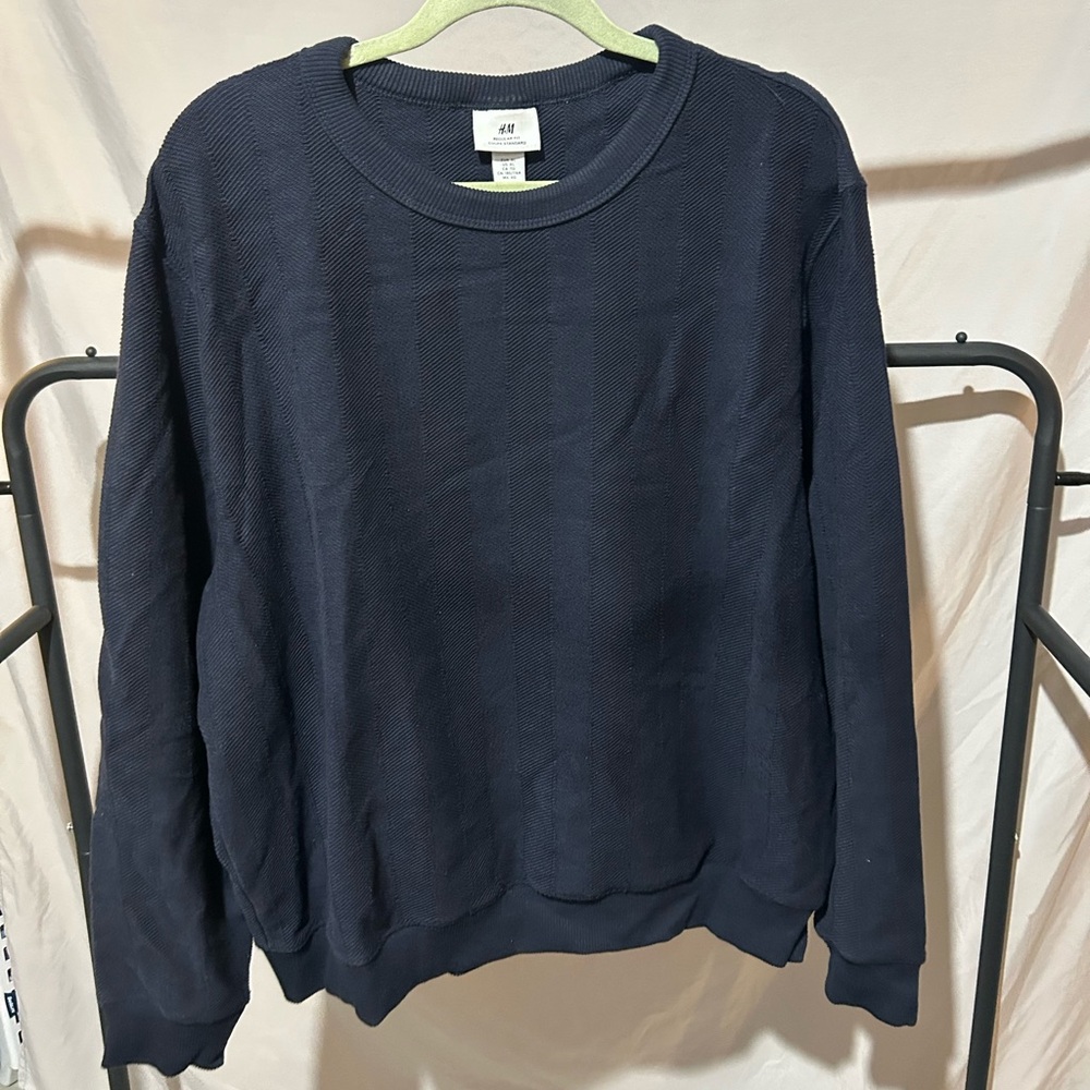 H&M Men's Navy Regular Fit Herringbone-Patterned Sweater